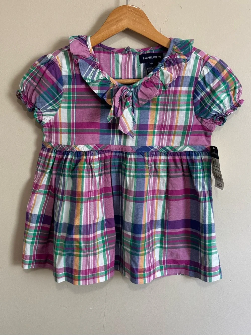 Ralph Lauren Girls 6X Plaid Shirtdress Pink Green Bow Collar NWT